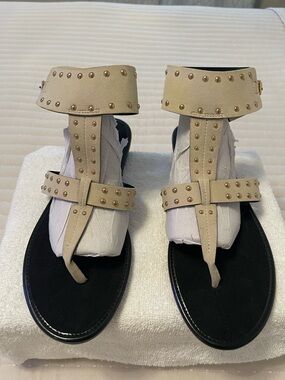 Fashion Nova Beige Studded T-Strap Ankle Sandals